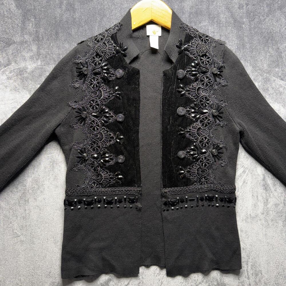 Chico's Cardigan Womens 0P Black Mock Neck Knit Beaded Embellished Party